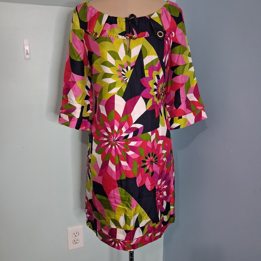 Phoebe Couture Maximalist Floral Shift Dress Pink Green Navy Grommet Size 8